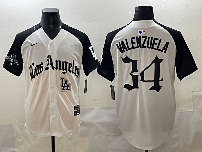 Men 2025 Los Angeles Dodgers #34 Valenzuela White black Five generations Joint Name Nike MLB Jersey style 52612->los angeles dodgers->MLB Jersey